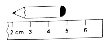 Pencil resting on a ruler with markings 2 cm to 6 cm